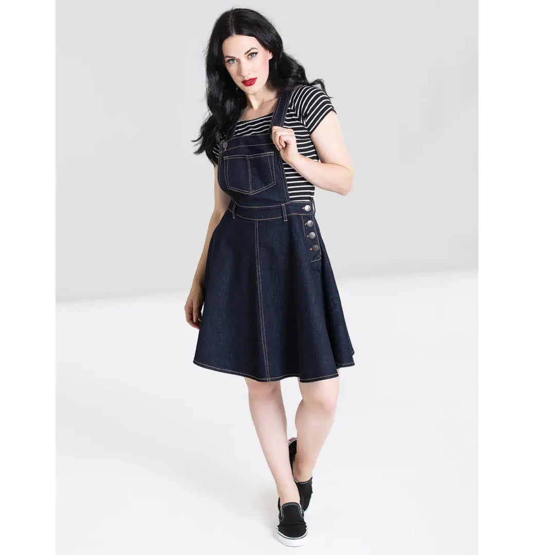 Navy Blue Dakota Pinafore Dress - Hell Bunny Stretch Denim Mini