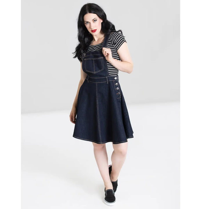 Navy Blue Dakota Pinafore Dress - Hell Bunny Stretch Denim Mini