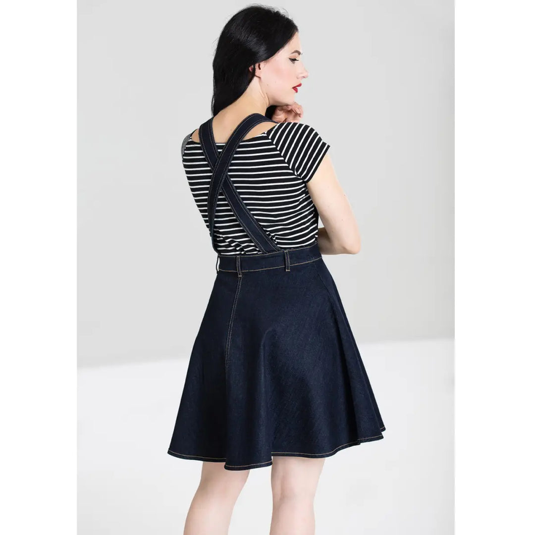 Navy Blue Dakota Pinafore Dress - Hell Bunny Stretch Denim Mini