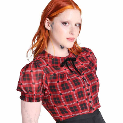 Hell Bunny Date Night Top - Red Tartan model side/front