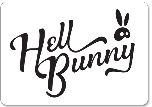 Black Hell Bunny script logo with a stylized bunny icon on a white background.