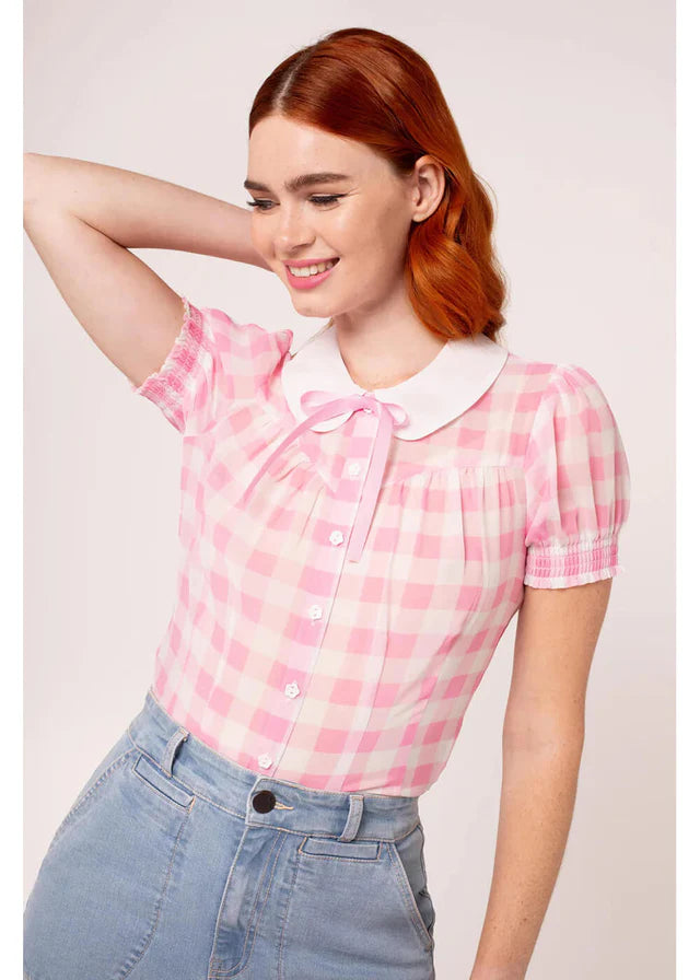 Pink White Cindy Top - Hell Bunny Gingham Check 1950s Womens
