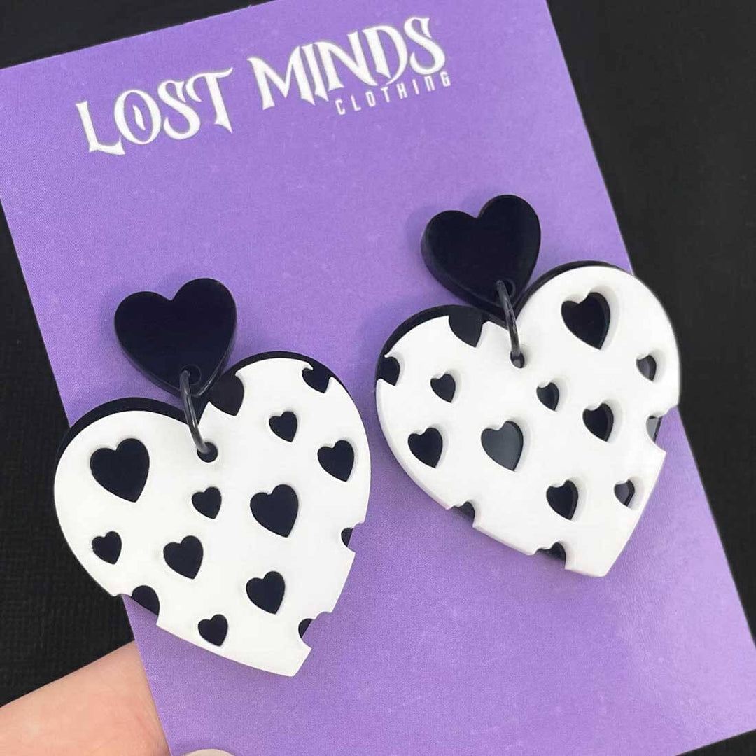 Lost Minds Earrings - Layered Hearts - Black/White Studs on card