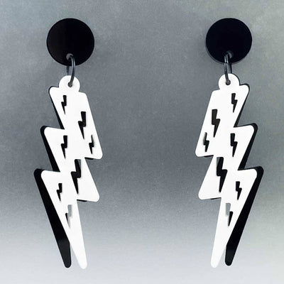 Lost Minds Earrings - Layered Lightning Bolts - Black/White Studs 