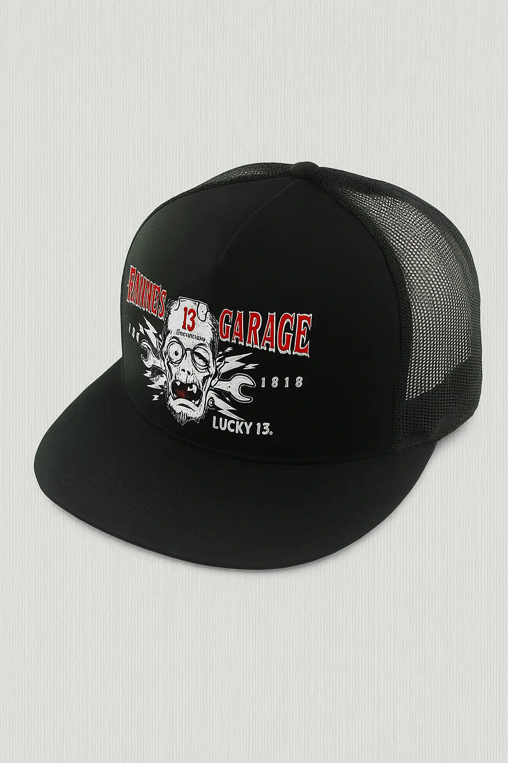 Black trucker hat with a Lucky 13 Garage graphic.