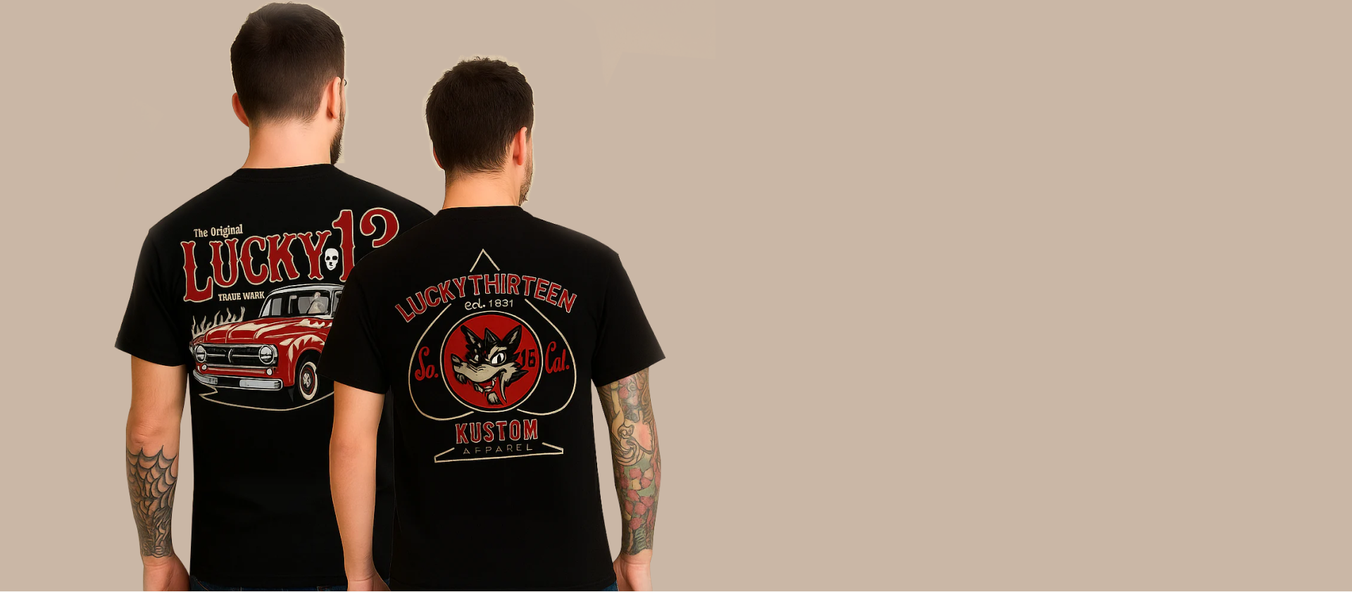 Back view of two men wearing Lucky 13 branded black t-shirts.