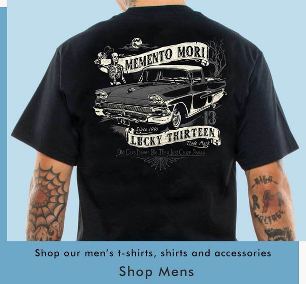 Back view of a tattooed man wearing the Lucky 13 Dead Ranch t-shirt