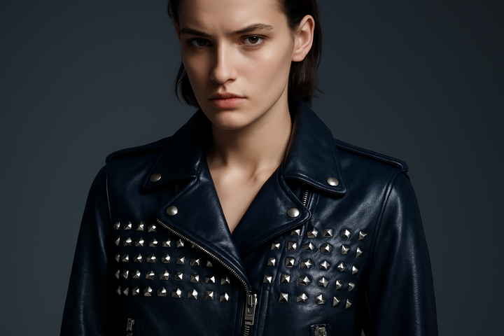 navy-leather-jacket-with-nickel-studs on person front view