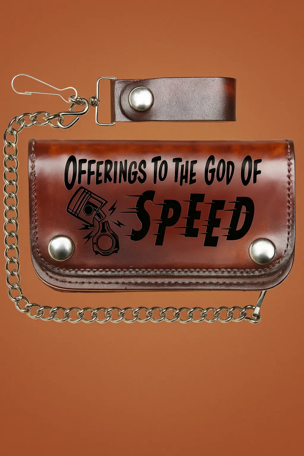 Brown leather chain wallet with "Offerings to the God of Speed" text.