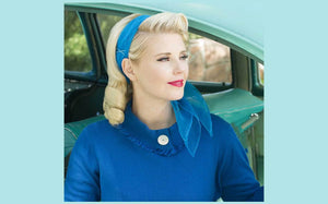 Image of blonde model wearing blue hair scarf over a retro hairstyle