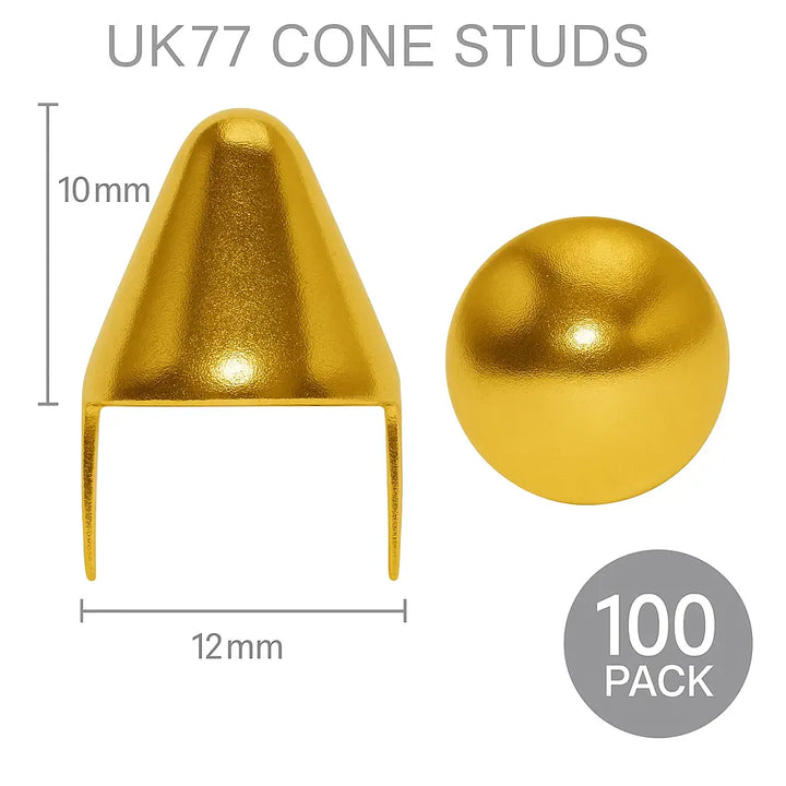 12mm UK77 Cone Studs – Gold Metal Clothing Studs (Pack of 100)
