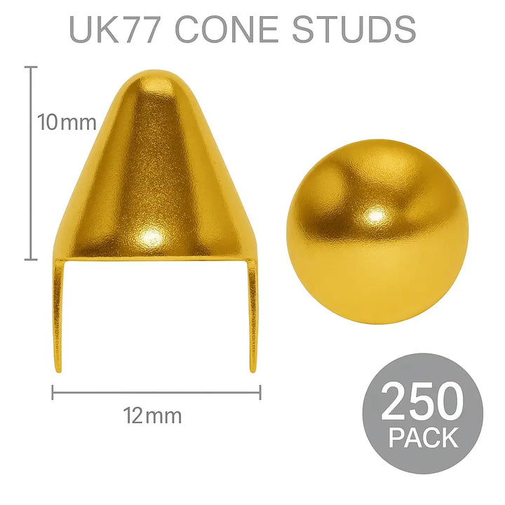 12mm UK77 Cone Studs – Gold Metal Clothing Studs (Pack of 250)