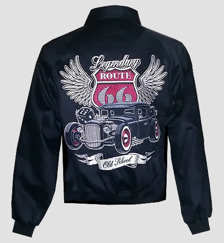 Black jacket with Route 66 graphic design on a white background