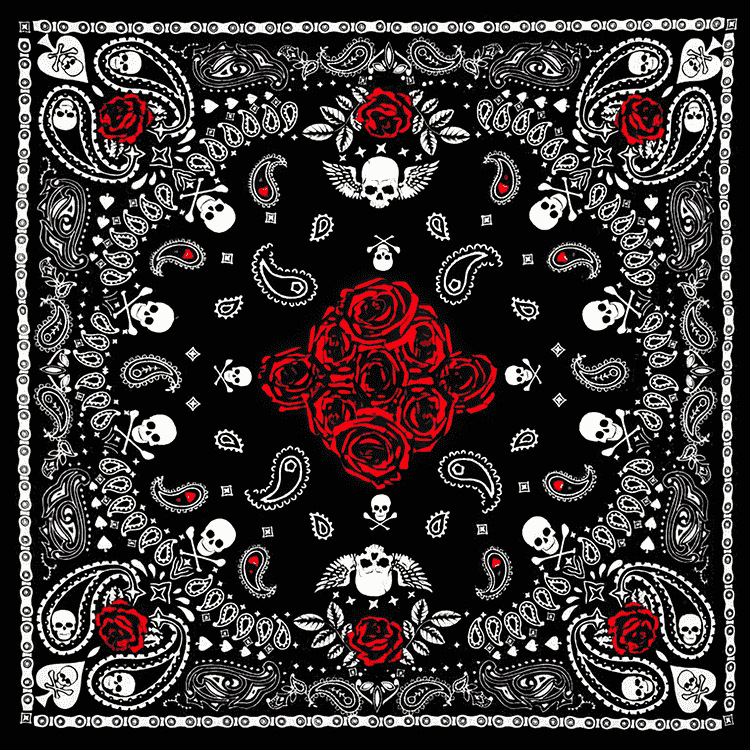 Black bandana with red roses, skulls, and paisleys on a black background