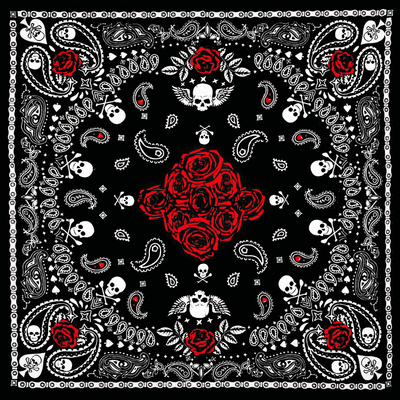Black bandana with red roses, skulls, and paisleys on a black background
