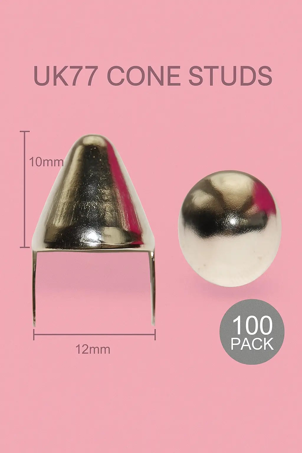 Two silver cone-shaped craft studs shown with dimensions on a pink background.