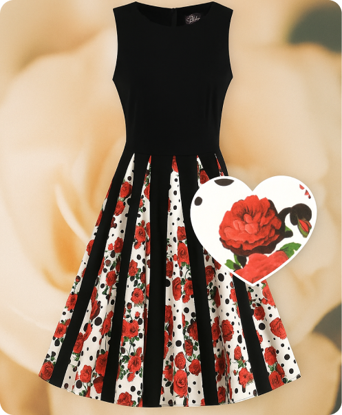 Black sleeveless swing dress featuring a skirt with red floral panels and black polka dots on a white background.