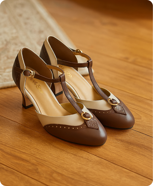 Pair of brown and beige high-heeled T-strap shoes on a polished wooden floor.
