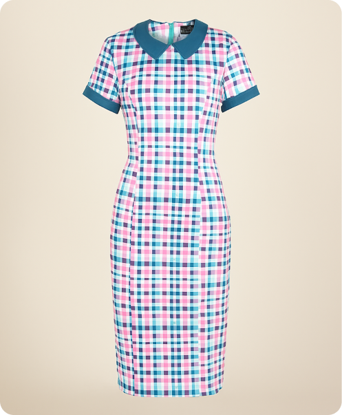 A vintage-style checkered pencil dress in blue and pink with a solid blue collar on a beige background.