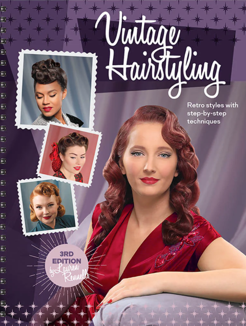 Book cover of 'Vintage Hairstyling' with a woman and vintage-style haircuts on a purple background.