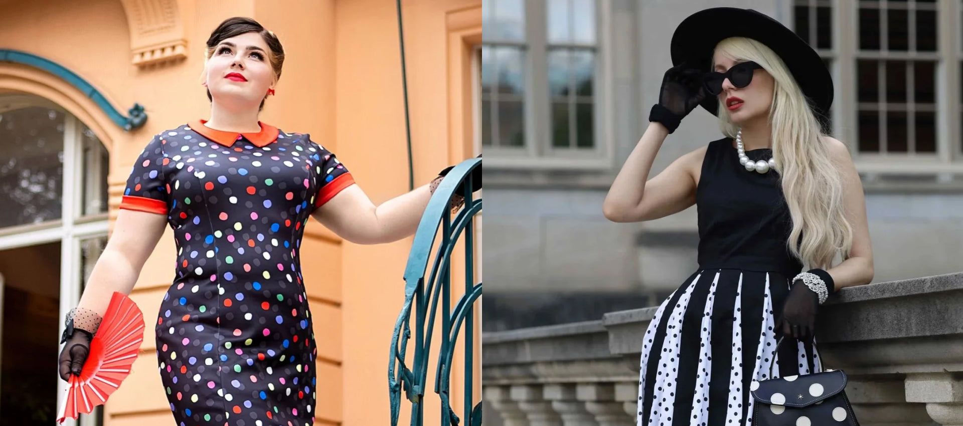 Two models wearing vintage-style polka-dot and striped dresses.