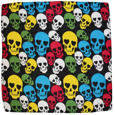 a retro bandana with a print of Multi-coloured skulls on a black background 