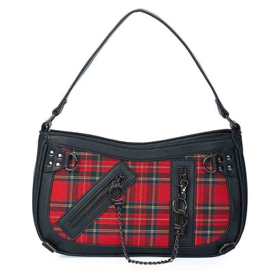 Punk Red Tartan shoulder bag with zips and handcuff chain