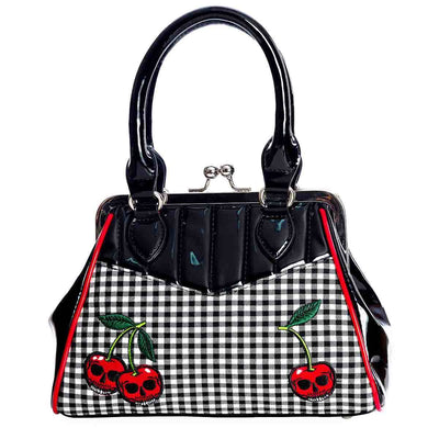 1950S style handbag, with gigham fabric and cherry skull detailing