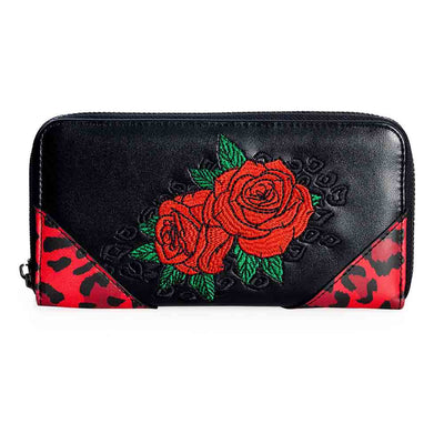 Black zip around wallet with red embroidered roses and leapard print detailing on the front