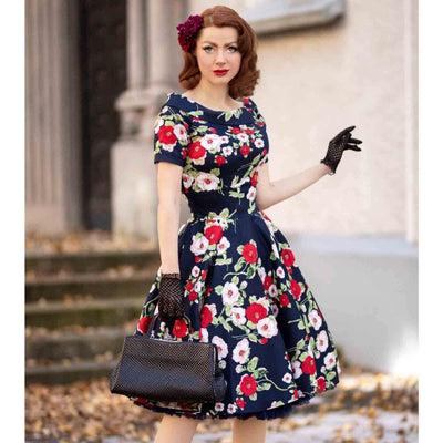 Model wearing the Darlene Floral 50s Dress - Navy Blue - 