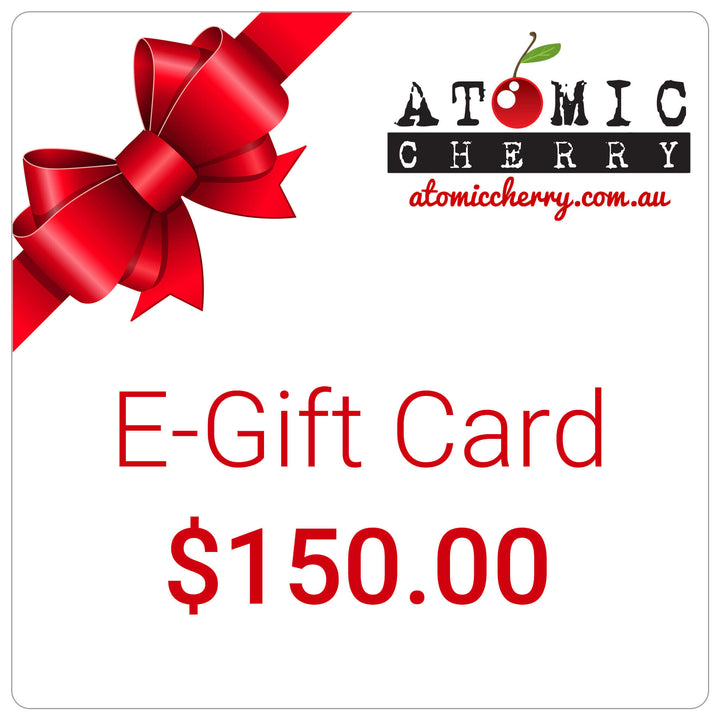 Image of e-gift card with red bow and Atomic Cherry logo - $150