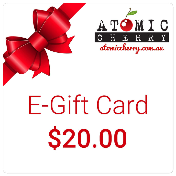 Image of e-gift card with red bow and Atomic Cherry logo - $20