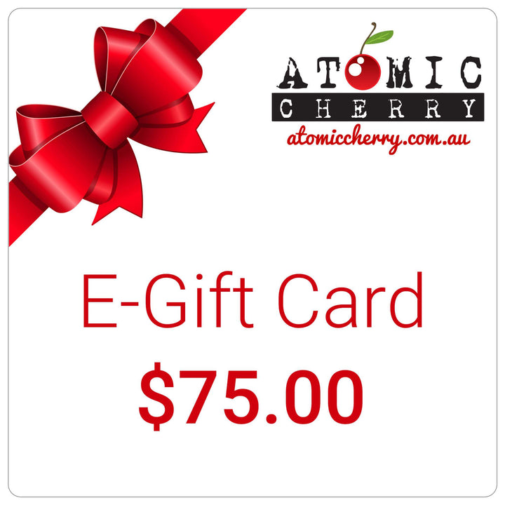 Image of e-gift card with red bow and Atomic Cherry logo - $75
