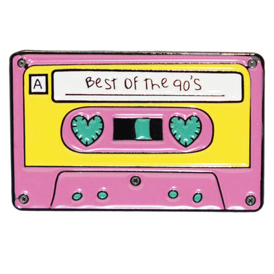 a pink retro cassette tape with "Best of the 90s" written on the lable Enamel Pin