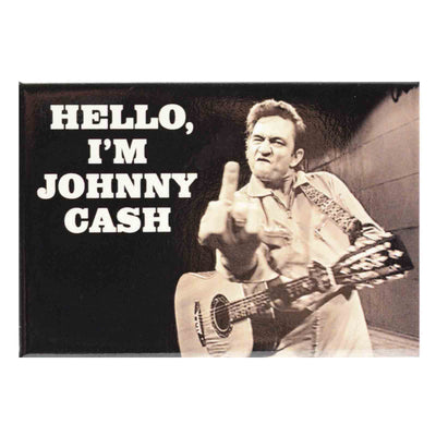 Johnny Cash with guitar giving the finger to the camera and text "Hello, I'm Johnny Cash"  fridge magnet