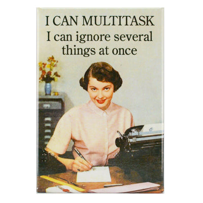1950s secretery siting at a typewriter with Text "I can multitask, I can ignore several things at once" Fridge Magnet