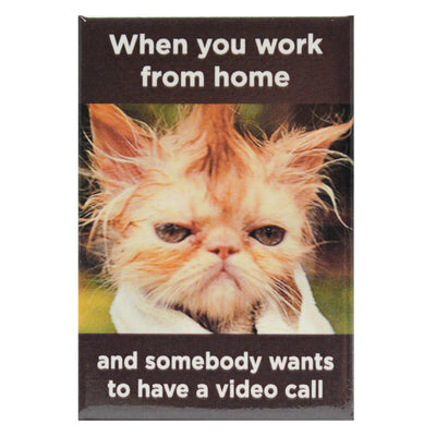 A grumpy cat in bathrobe with text sayin "when you work from home and somebody wants to have a video call" fridge magnet