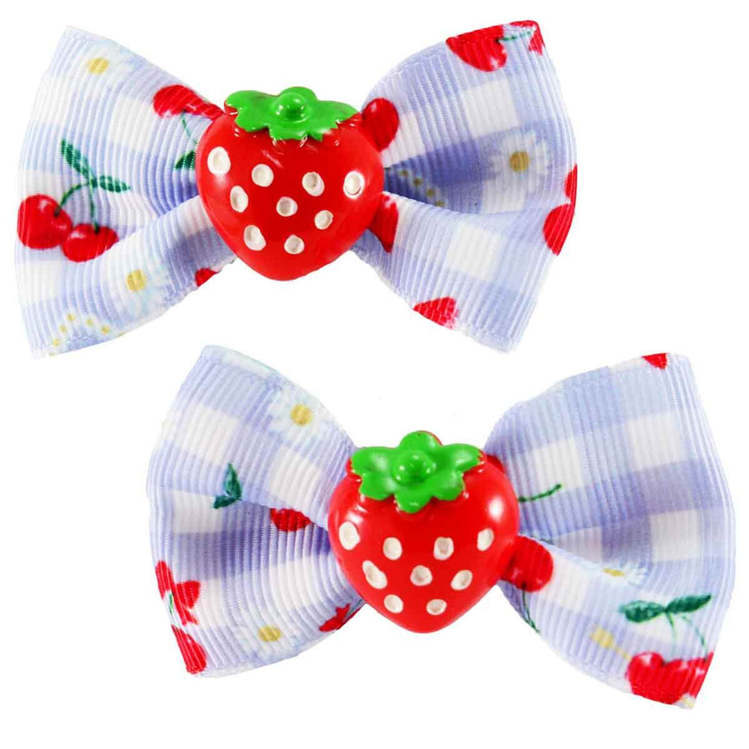 Strawberry Gingham Picnic Bows - Blue/White with strawberry resins