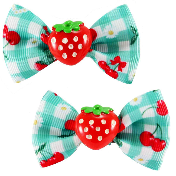  Strawberry Gingham Picnic Bows - Green/White with resin strawberries