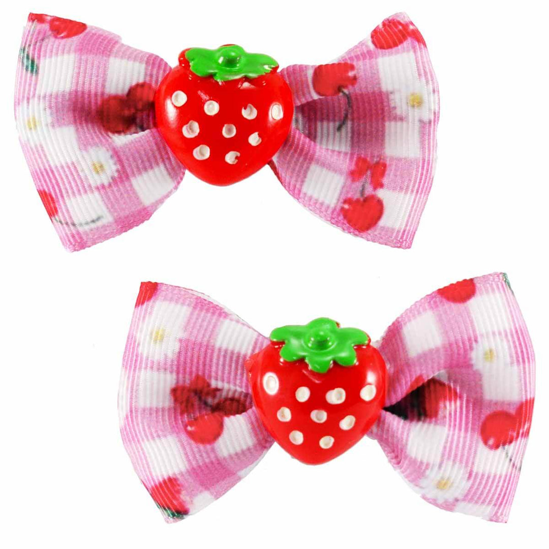  Strawberry Gingham Picnic Bows - Pink/White with resin strawberry in center