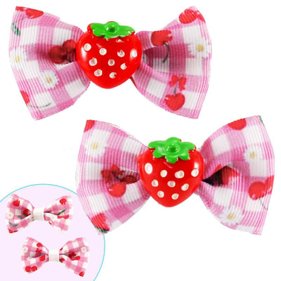  Strawberry Gingham Picnic Bows - Pink/White with resin strawberry in center