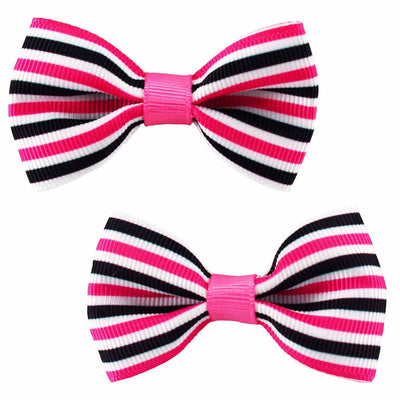 Set of 2 candy striped hair bow clips with pink, white and black stripes 