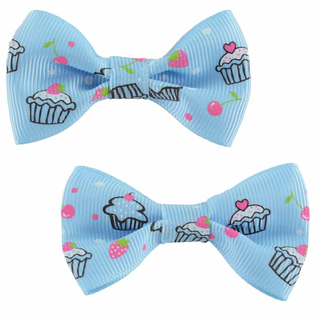 Light blue ribbon bow hair clips with cupcakes, cherries and strawberries