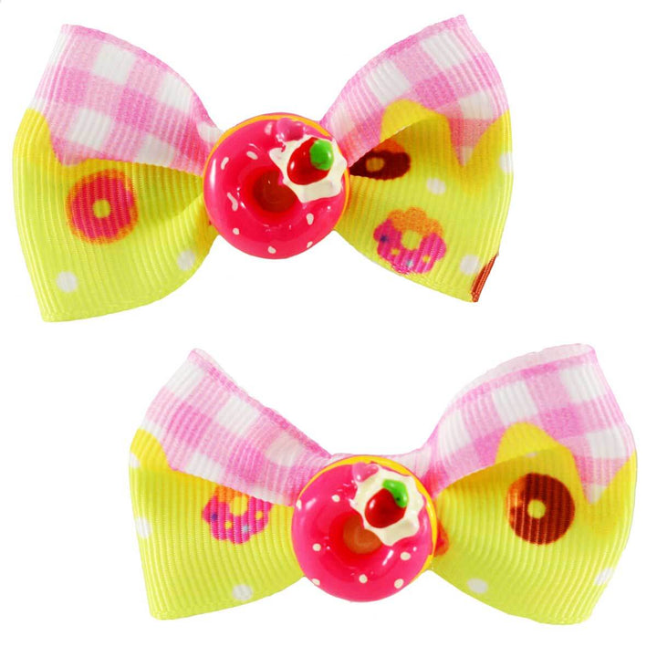 Set of two Doughnut Gingham Bows - Yellow/Pink - with a  pink resin doughnut in the center