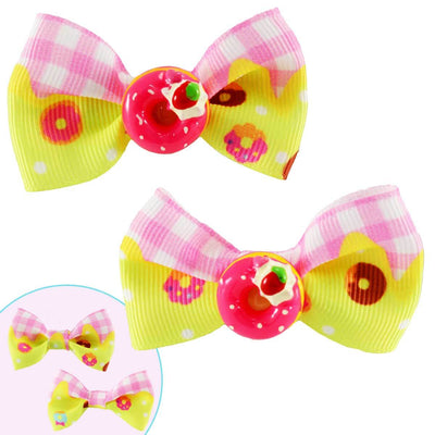 Set of two Doughnut Gingham Bows - Yellow/Pink - with a  pink resin doughnut in the center