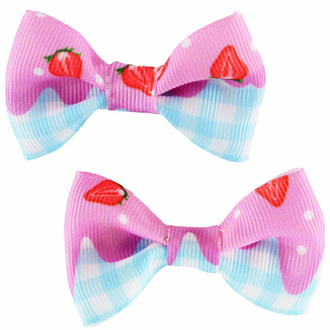 Set of two cute desert hair clips with blue and white gingham at the bottom and pink ice cream with strawberries on the top. 