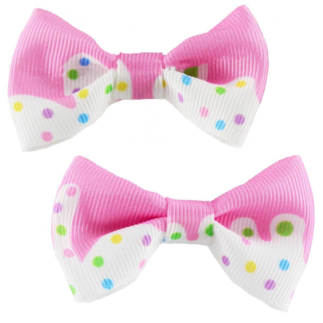 Set of two ice cream hair bows with white at the top and pink at the bottom.