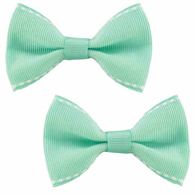 Hair Clips - Mint Bows with white stitching trim