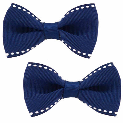Hair Clips - Navy Blue - two bows with white stitching trim
