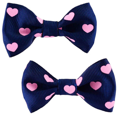 Set of two Navy Blue Bow hair clips With Pink Hearts
